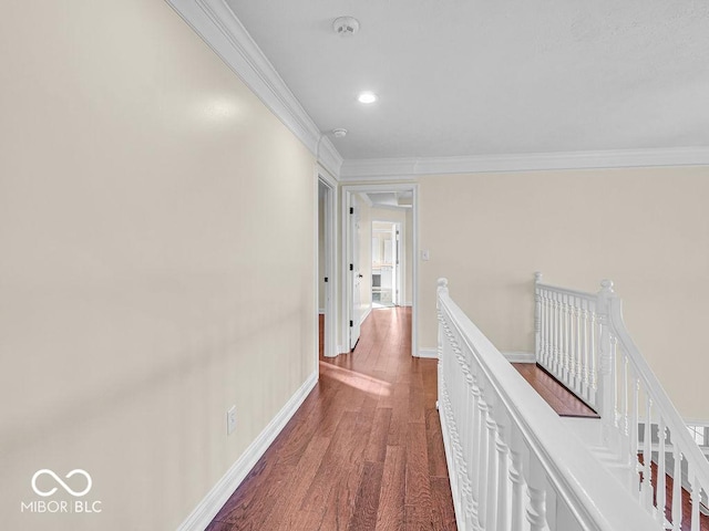 hallway with crown molding and hardwood / wood-style flooring