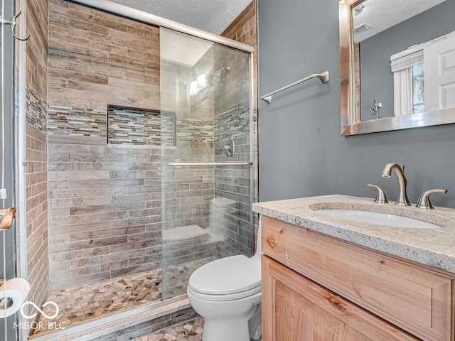 bathroom featuring vanity, a textured ceiling, toilet, and a shower with shower door