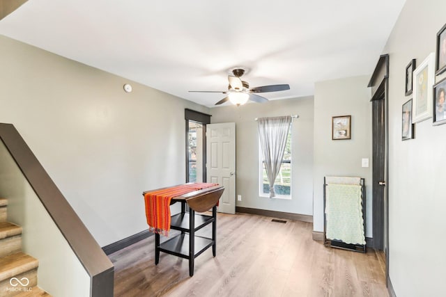 home office with light hardwood / wood-style flooring and ceiling fan