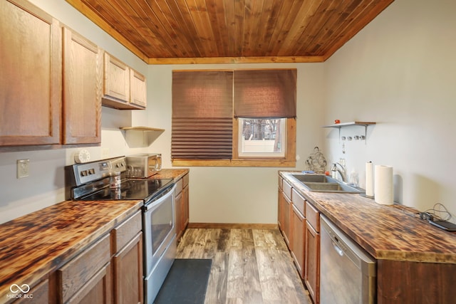 kitchen with wood counters, sink, light hardwood / wood-style floors, wood ceiling, and stainless steel appliances