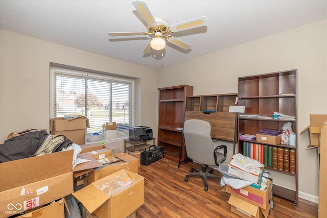 office area with ceiling fan and hardwood / wood-style floors