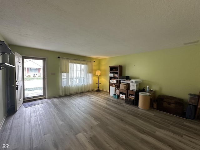 interior space with wood-type flooring and a textured ceiling