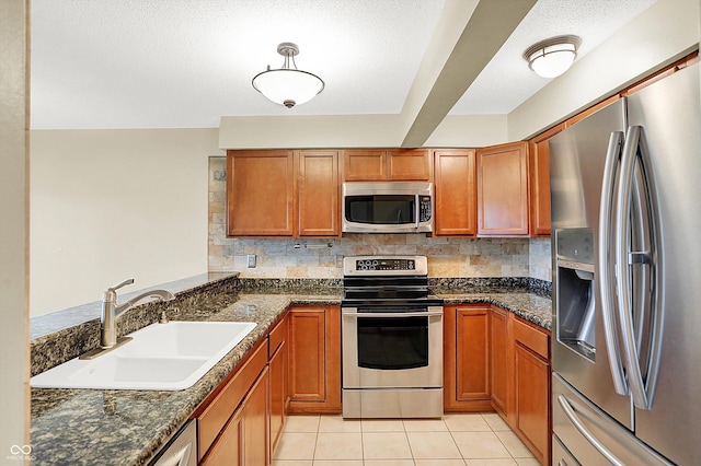 kitchen featuring tasteful backsplash, dark stone countertops, sink, and stainless steel appliances