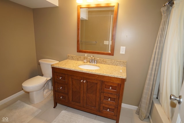 full bathroom featuring shower / bathtub combination with curtain, tile patterned flooring, vanity, and toilet