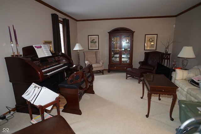 living area featuring light carpet and ornamental molding