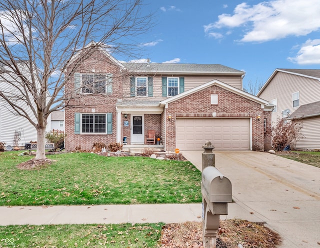 view of property with a garage and a front lawn