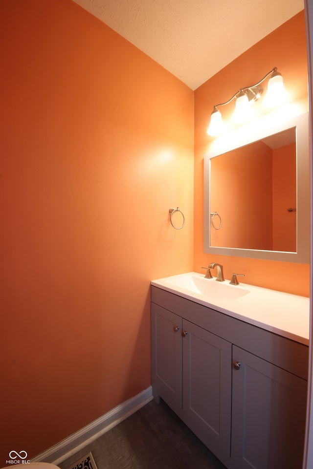 bathroom with hardwood / wood-style flooring and vanity