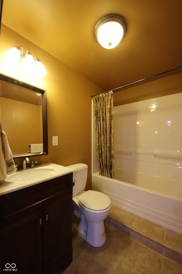 full bathroom featuring shower / bath combination with curtain, vanity, toilet, and tile patterned flooring