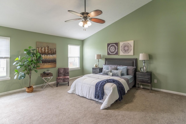 14446 Chapelwood Ln, Fishers, IN 46037 - bedroom with carpet floors, baseboards, ceiling fan, and vaulted ceiling