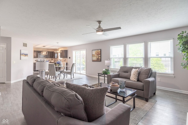 14446 Chapelwood Ln, Fishers, IN 46037 - living room with a textured ceiling, baseboards, ceiling fan, and wood finished floors