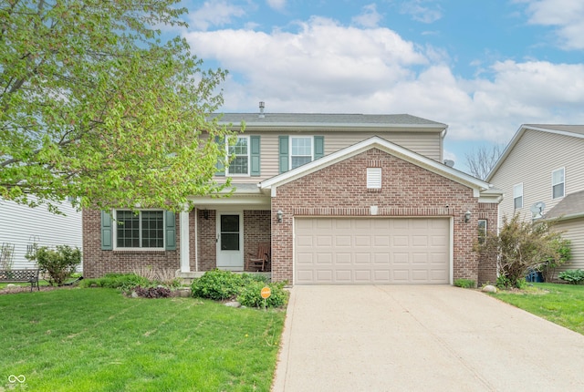 14446 Chapelwood Ln, Fishers, IN 46037 - traditional-style home featuring an attached garage, brick siding, a front yard, and concrete driveway