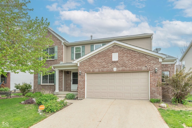 14446 Chapelwood Ln, Fishers, IN 46037 - traditional home featuring an attached garage, a front yard, brick siding, and concrete driveway