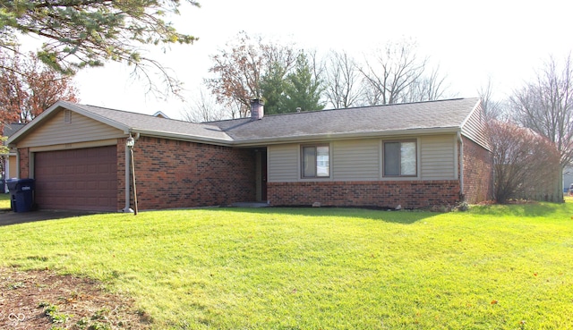 ranch-style house with a front yard and a garage