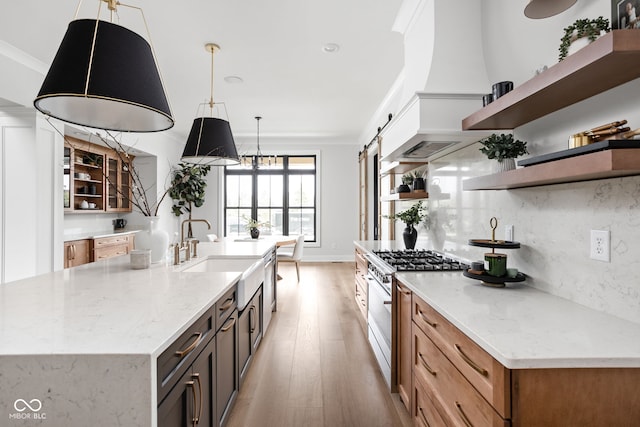 kitchen with light wood-type flooring, high end stove, sink, a barn door, and decorative light fixtures