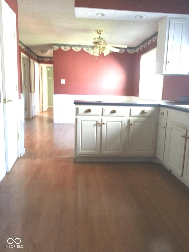 kitchen featuring dark hardwood / wood-style flooring, ceiling fan, and white cabinets