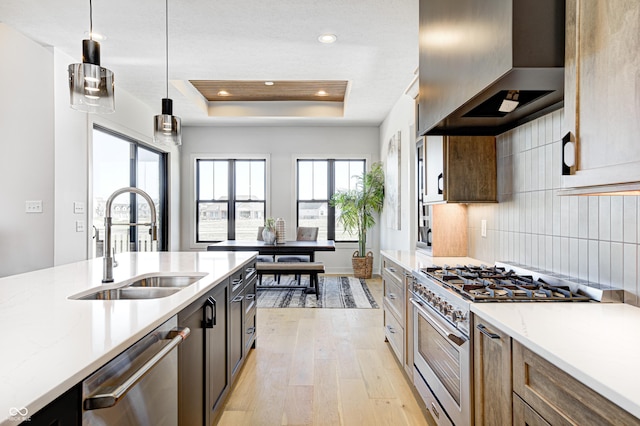 kitchen with appliances with stainless steel finishes, light wood-type flooring, a tray ceiling, wall chimney range hood, and pendant lighting