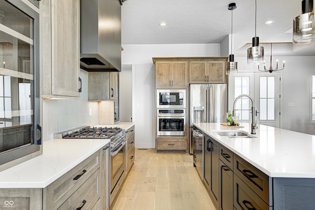 16298 Grand Cypress Dr, Noblesville, IN 46060 - kitchen featuring high quality appliances, a sink, wall chimney exhaust hood, light wood finished floors, and an island with sink