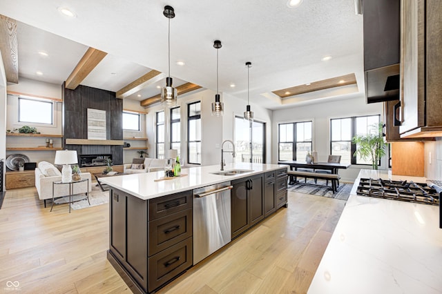 16298 Grand Cypress Dr, Noblesville, IN 46060 - kitchen featuring dishwasher, a sink, light wood-style floors, a fireplace, and recessed lighting