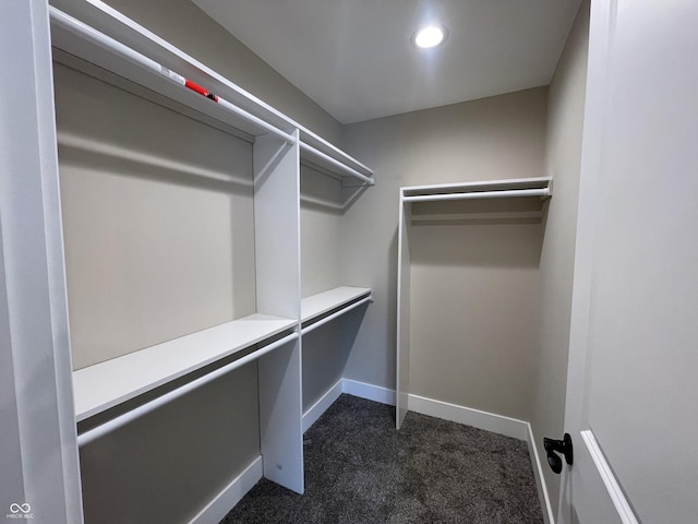 spacious closet featuring dark carpet