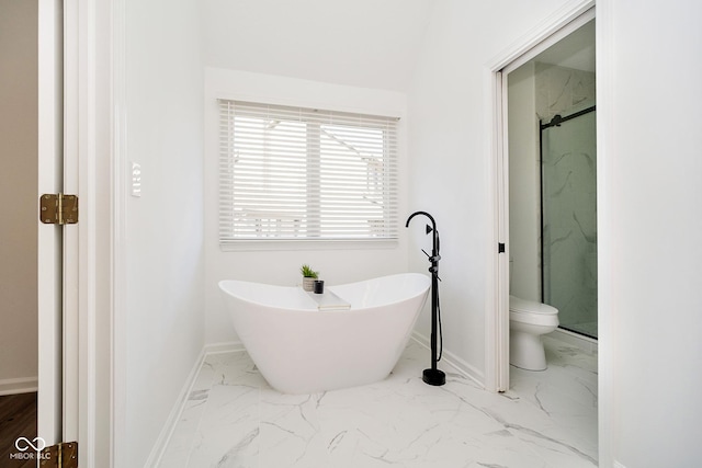 bathroom featuring toilet and shower with separate bathtub