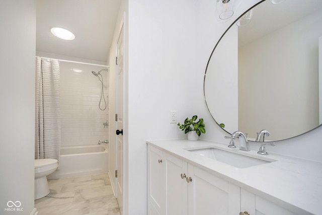 full bathroom featuring toilet, vanity, and shower / bath combo with shower curtain