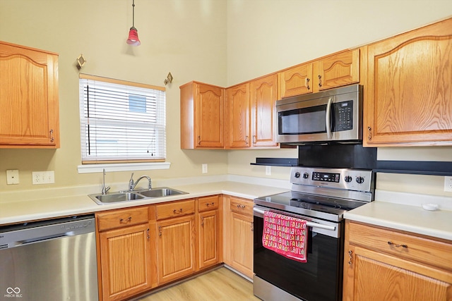 kitchen with light hardwood / wood-style floors, sink, and stainless steel appliances