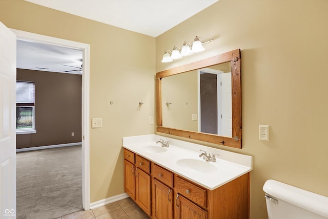 bathroom featuring tile patterned floors, vanity, toilet, and ceiling fan