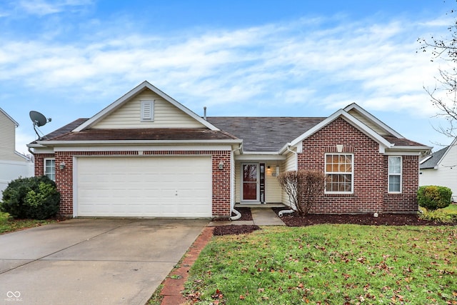 ranch-style home with a garage and a front lawn