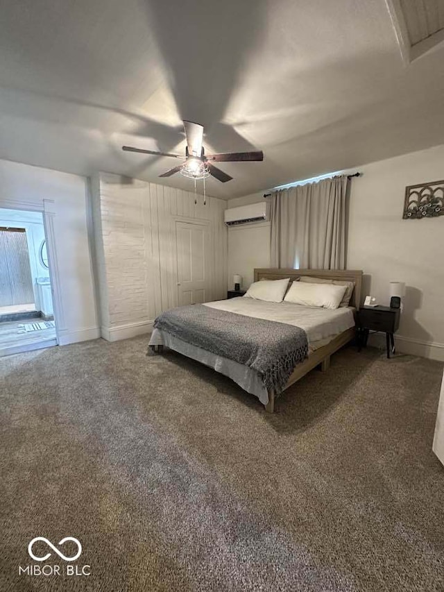 unfurnished bedroom with carpet, ceiling fan, an AC wall unit, and a closet