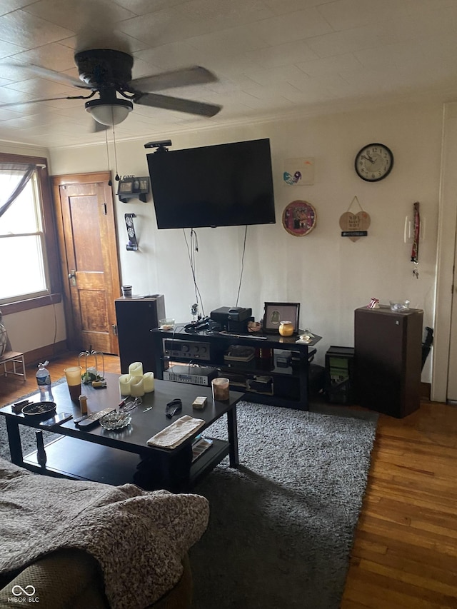 living room with hardwood / wood-style floors and ceiling fan