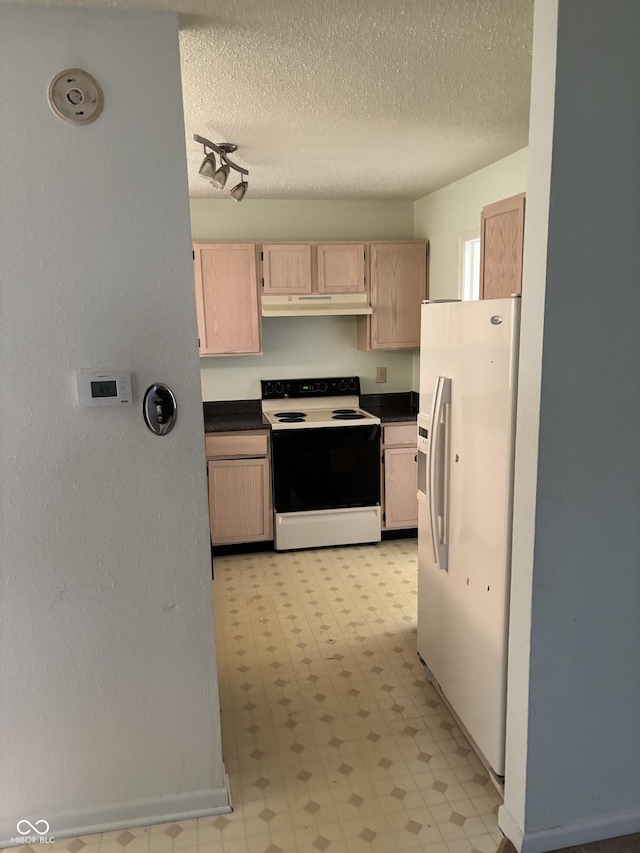 5283 Tufton Dr, Indianapolis, IN 46254 - kitchen with white appliances, under cabinet range hood, dark countertops, light flooring, and light brown cabinets