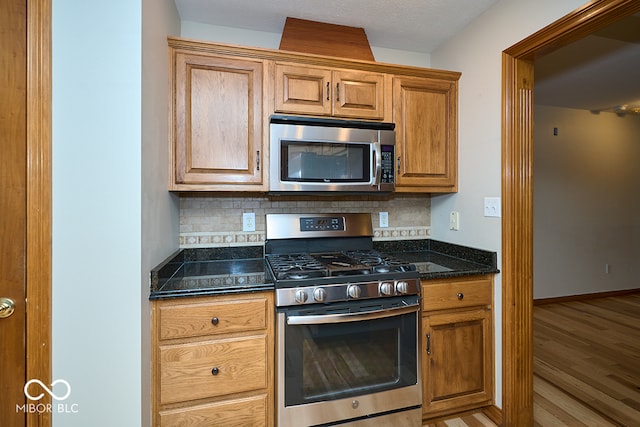 kitchen with backsplash, light wood-type flooring, stainless steel appliances, and dark stone counters