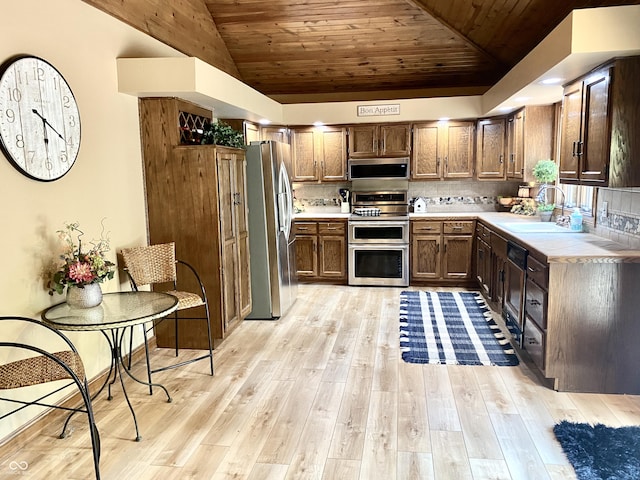 kitchen featuring stainless steel appliances, backsplash, wooden ceiling, and light countertops