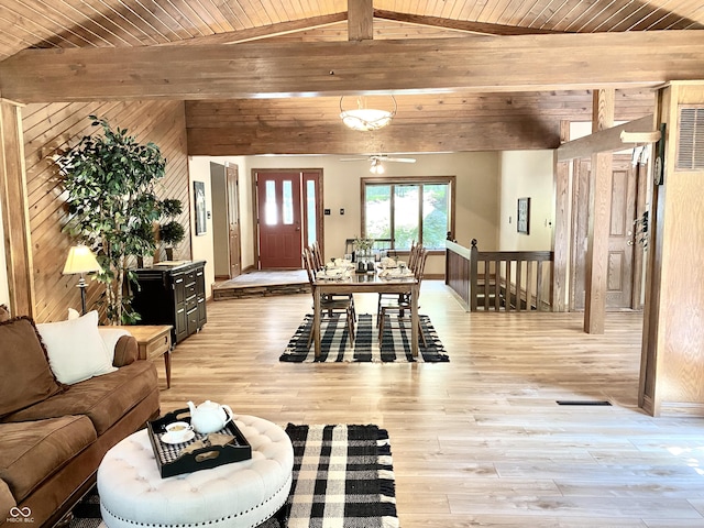 living room with light wood-type flooring, visible vents, wooden ceiling, and vaulted ceiling with beams