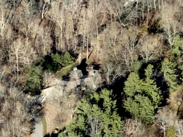 drone / aerial view with a wooded view