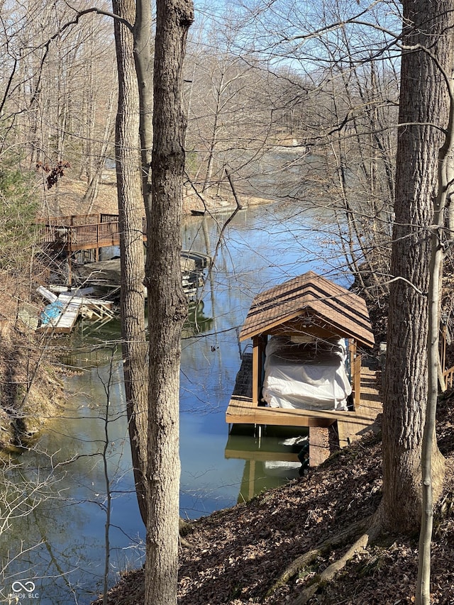 dock area featuring boat lift and a water view