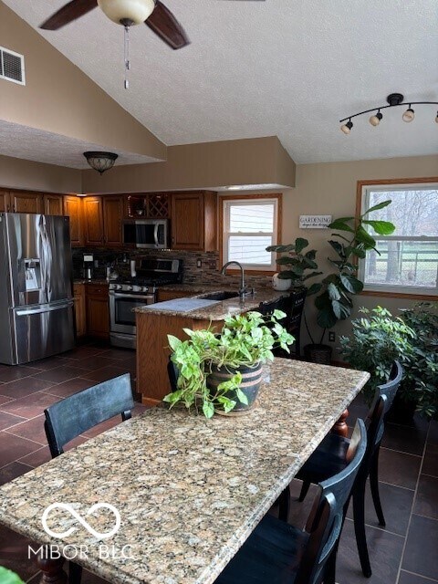 dining area featuring vaulted ceiling, sink, dark tile patterned flooring, ceiling fan, and a textured ceiling