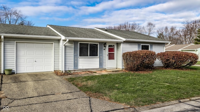 single story home with concrete driveway, a front lawn, an attached garage, and a shingled roof