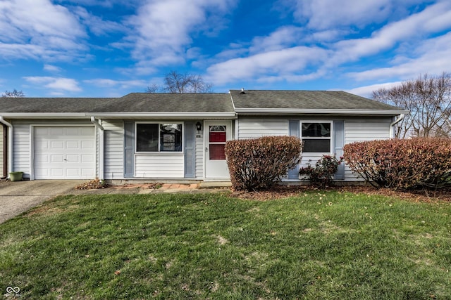 ranch-style home with a garage, driveway, and a front yard