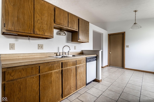 8016 Minlo Dr, Indianapolis, IN 46227 - kitchen with white dishwasher, light tile patterned flooring, decorative light fixtures, and a textured ceiling