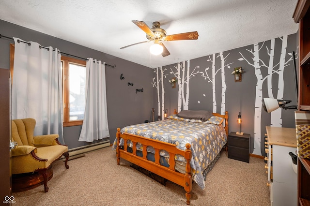 bedroom featuring a baseboard radiator, light carpet, ceiling fan, and a textured ceiling