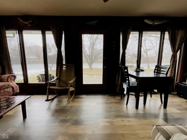 dining space with a water view and light hardwood / wood-style flooring