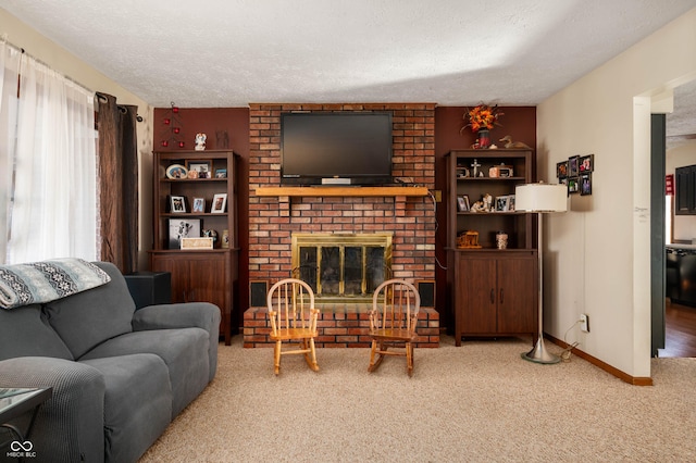 living room with carpet flooring, a brick fireplace, and a textured ceiling