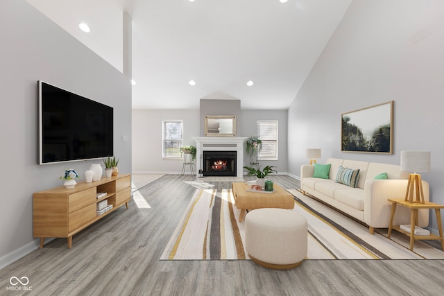 living room featuring high vaulted ceiling and light hardwood / wood-style flooring