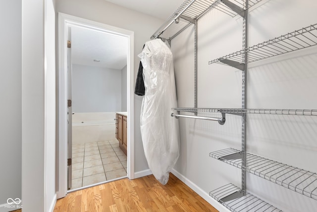 walk in closet with light hardwood / wood-style flooring