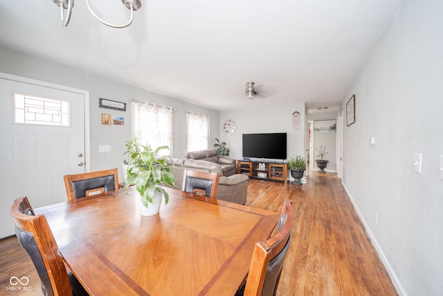 dining space with hardwood / wood-style floors and ceiling fan with notable chandelier