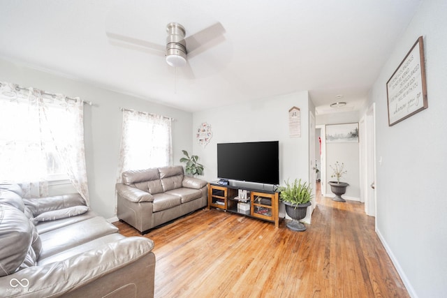 living room featuring light hardwood / wood-style floors and ceiling fan