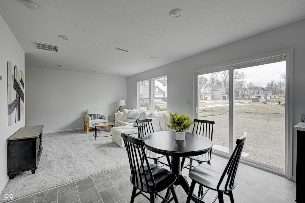 dining area with a textured ceiling, light colored carpet, and a healthy amount of sunlight