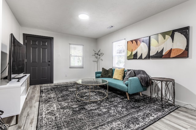 living room featuring hardwood / wood-style floors and a textured ceiling