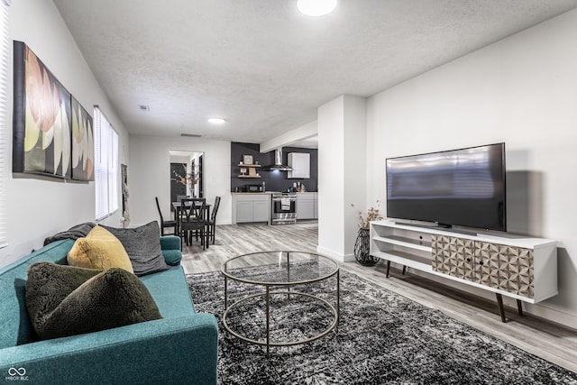 living room with wood-type flooring and a textured ceiling